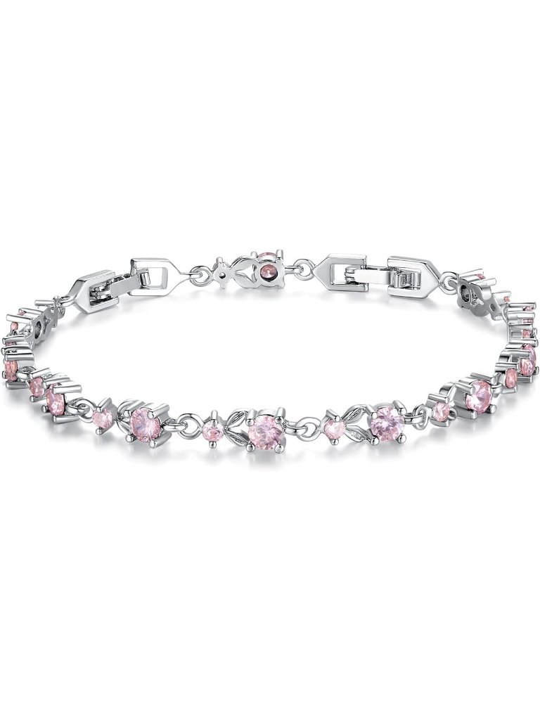 Pink-Silver White Gold Plated 3mm Cz Classic Tennis Wedding Bracelet